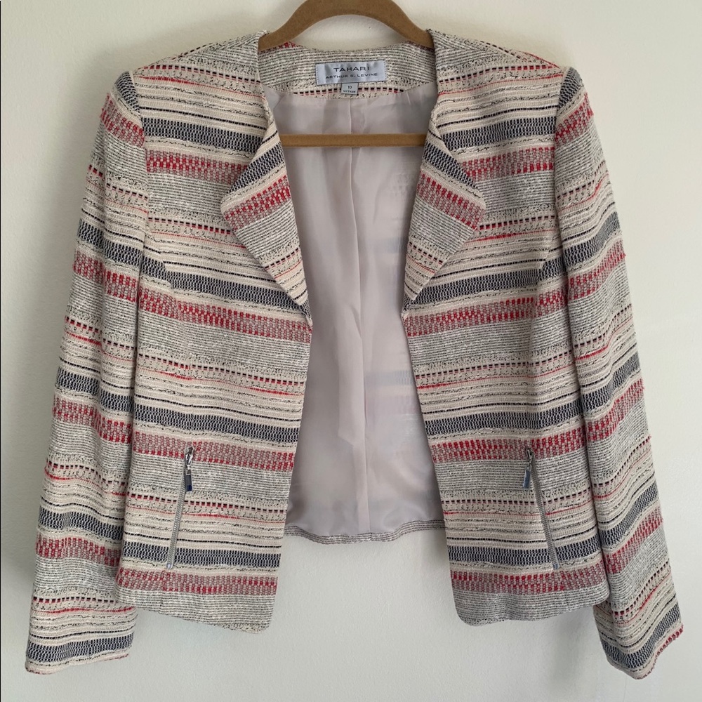 Tahari Woven Cream Red Blue Moto Blazer Jacket 10